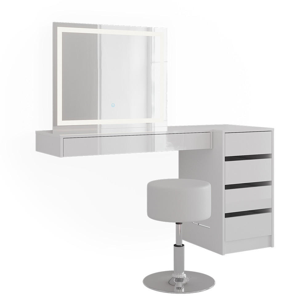 MASUTA DE TOALETA Sherry, Alb, 140.2 cm cu oglinda LED, taburet si dulap cu sertare