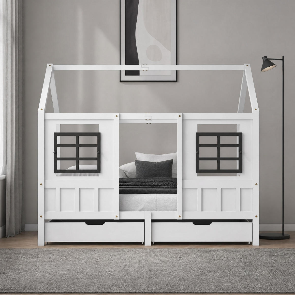 HAUSBETT 90/200 mit 2 Schubladen, Fenstern und Schutzgitter in Weiß - Weiß, Holzwerkstoff (90/200cm) - EVRYAE