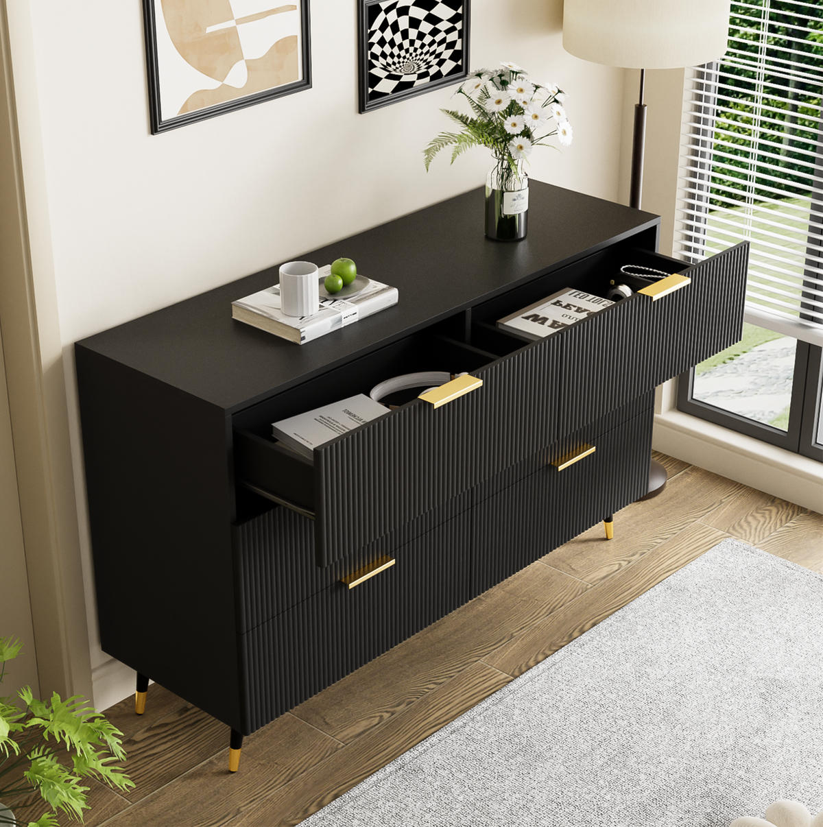 SIDEBOARD 120/40/77 cm in Schwarz mit 6 Schubladen und goldfarbenen Details - Schwarz, Holzwerkstoff (120/40/77cm) - Flora Grace