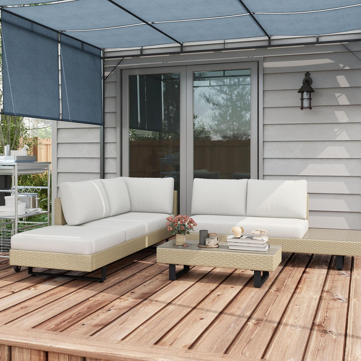 GARTENLOUNGE DE-13588 5‑sitzig mit Glastisch, abnehmbaren Bezügen Beige - Beige, Kunststoff/Metall - ComfortXL