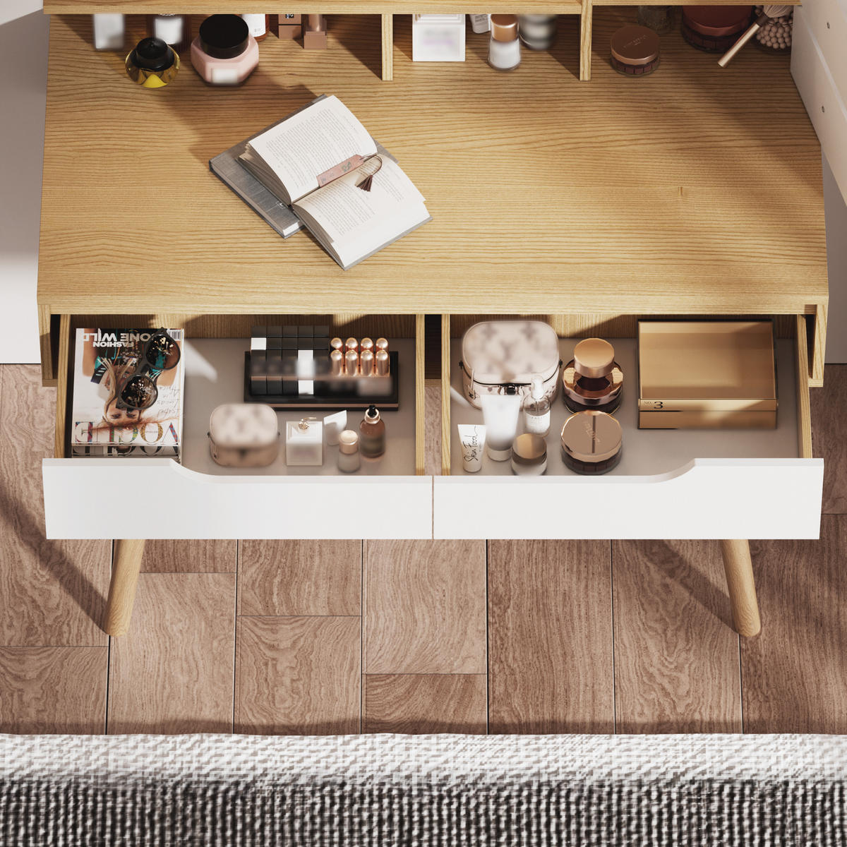 SCHMINKTISCH in Naturfarben Kosmetiktisch mit Polsterhocker, Spiegel und LED, für kleine Schlafzimmer, B80/H135/T40cm - Naturfarben, Holzwerkstoff (80/135/40cm) - STILVORA