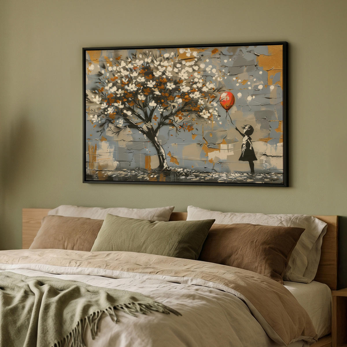 LEINWAND Bilder mit Rahmen - Baum - Graffiti - Banksy-Stil - Ballon-Mädchen - 90x60 - Blaugrau, Textil (90/60cm) - MuchoWow