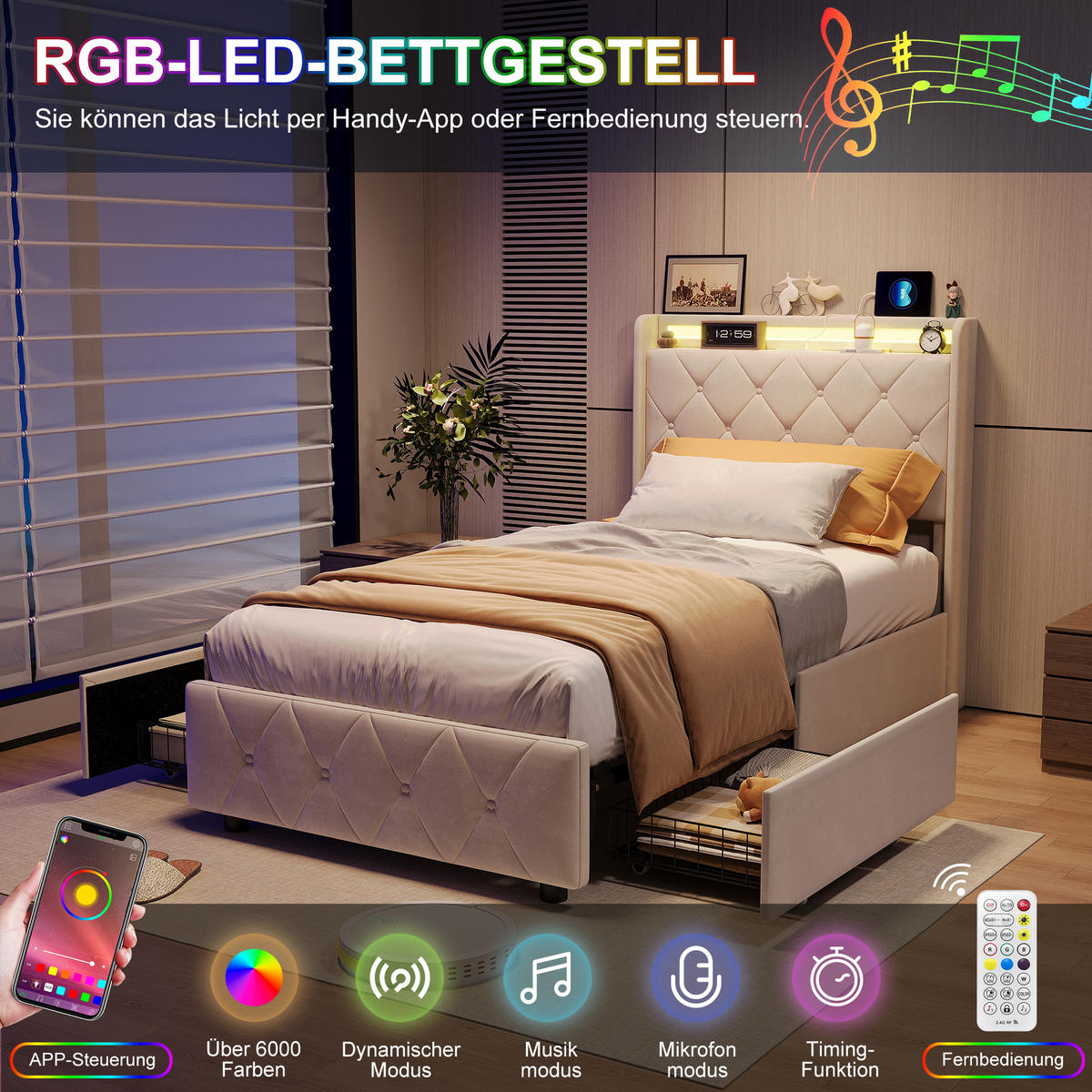 POLSTERBETT 90x200 cm mit 2 Schubladen, LED, USB & Type-C, Einzelbett Kopfteil und Lattenrost, Beige - Beige, Metall (90/200cm) - EuroLiving