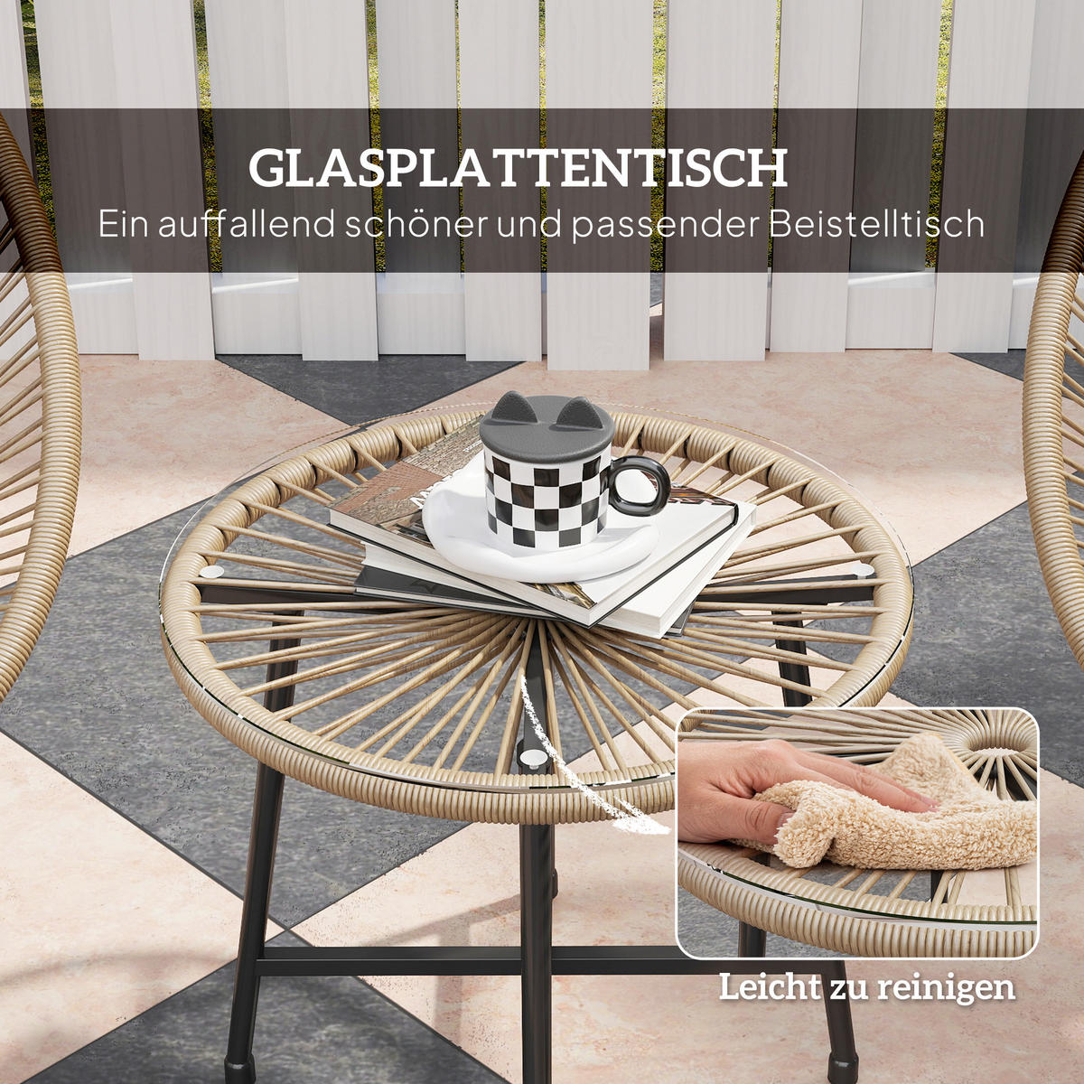 BALKONMÖBEL-SET 72/68/81 cm natur aus Rattan mit 2 Stühlen, Tisch und Glasplatte - Naturfarben, Naturmaterialien - OKWISH
