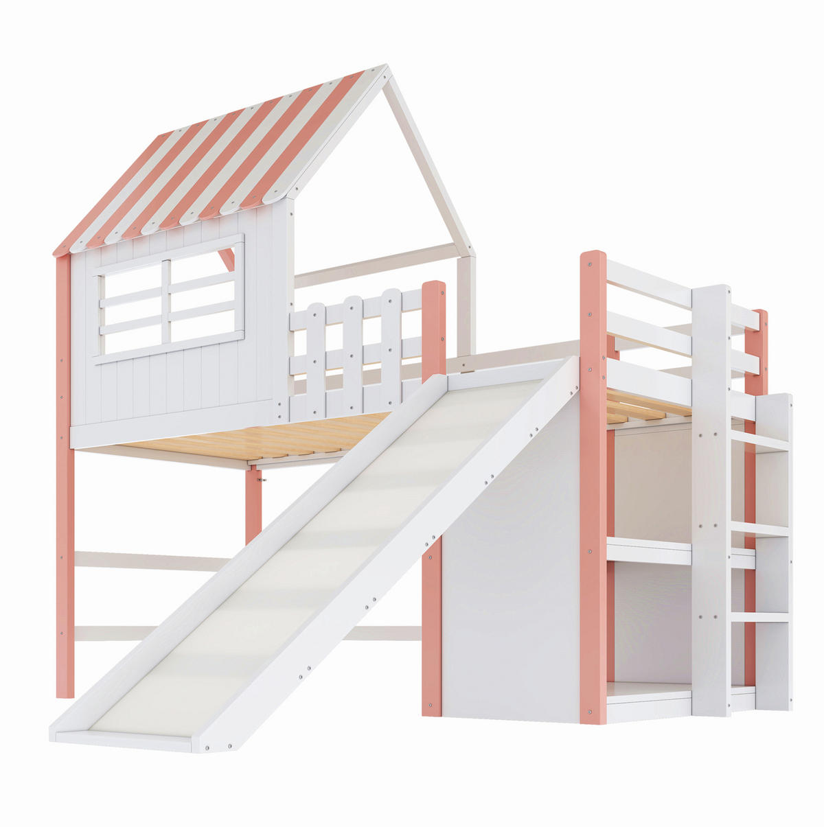 KINDERBETT MDF 90x200 cm Rosa mit Rutsche, Leiter und Stauraum im Dachhaus-Design - Rosa, Holzwerkstoff (140/200cm) - Modfu
