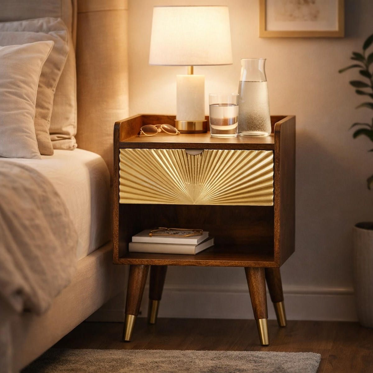 NACHTTISCH Sunburst-Messing-Intarsien - Dunkelbraun/Messingfarben, Holz/Metall (45/58/35cm) - Artisan Furniture