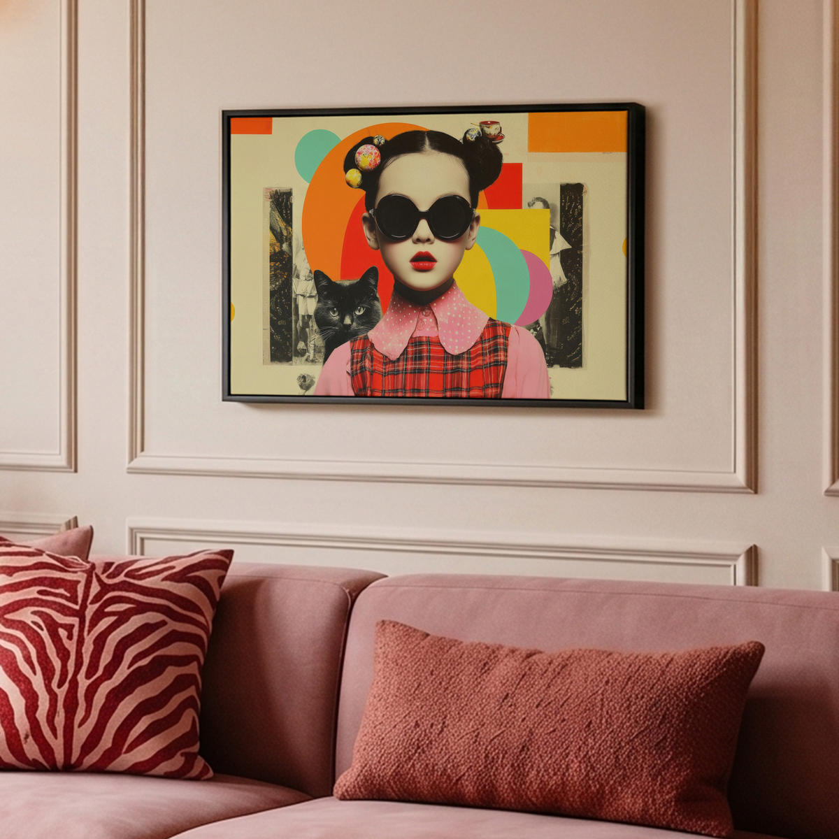 LEINWAND Bilder mit Rahmen - Mädchen - Sonnenbrille - Katze - Retro - 60x40 - Beige, Textil (60/40cm) - MuchoWow