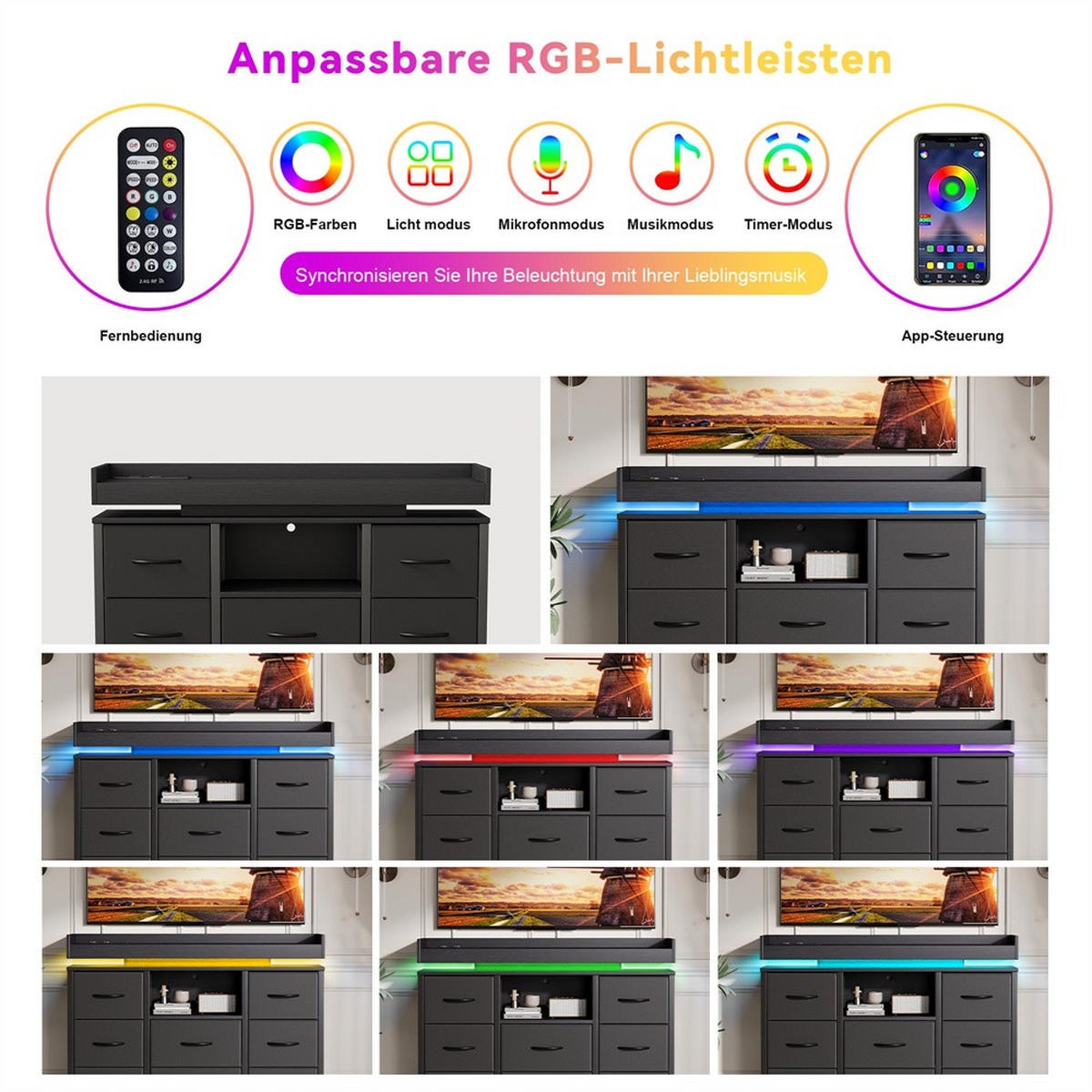 KOMMODE mit 8 Schubladen - integrierte Ladestation und RGB-LED-Beleuchtung - Schwarz - Schwarz, Holzwerkstoff (108/82/30cm) - DELFA