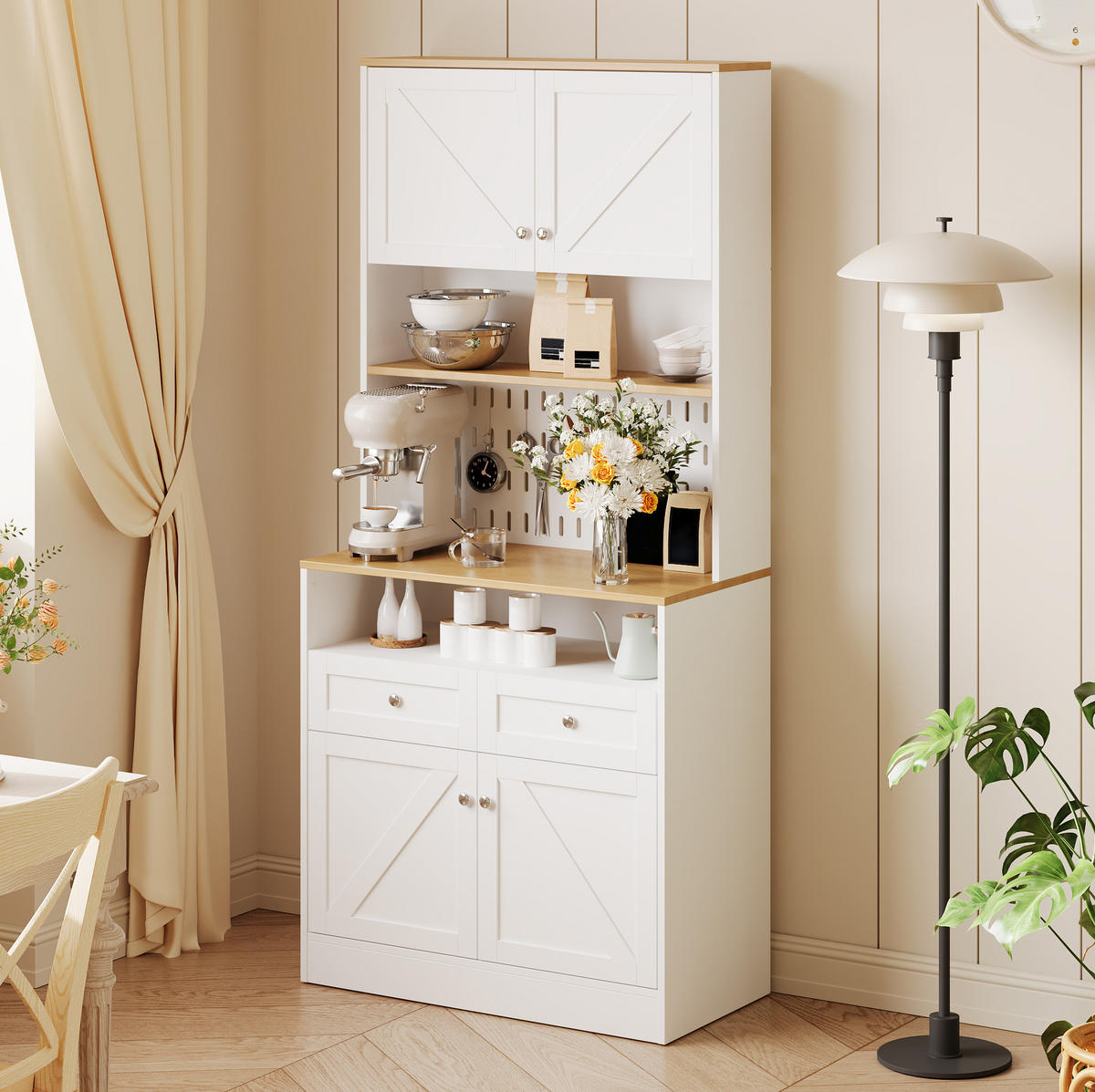 SIDEBOARD 80/40/175 cm weiß/natur aus MDF und Spanplatte mit Lochwand und Schiebetüren - Weiß, Holzwerkstoff (80/175/40cm) - OKWISH