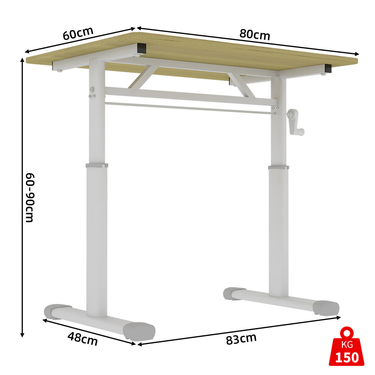SCHREIBTISCH Holzfarben 80/60/90 cm manuell höhenverstellbar - Naturfarben, Metall (80/60/90cm) - PANGIVO