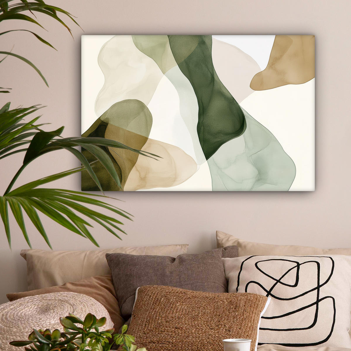 LEINWANDBILD Japandi - Abstrakt - Grün Wanddeko 90x60 cm - Salbeigrün, Textil (90/60cm) - MuchoWow