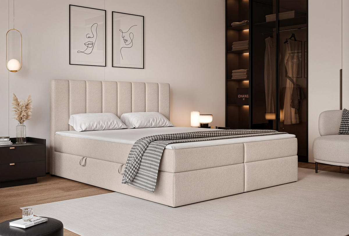 BOXBETT LEO 200/200 cm mit Matratze und Topper, Hellbeige - Sandfarben/Schwarz, Holzwerkstoff/Kunststoff (200/200cm) - Idohome