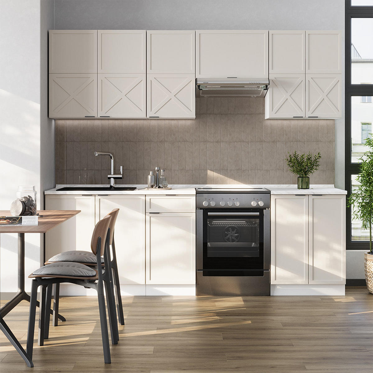 KÜCHENZEILE Fame-Line GrauBeige/Weiß 240 cm ohne AP - Weiß/Grau, Holzwerkstoff (240/81.6/46cm) - Vicco