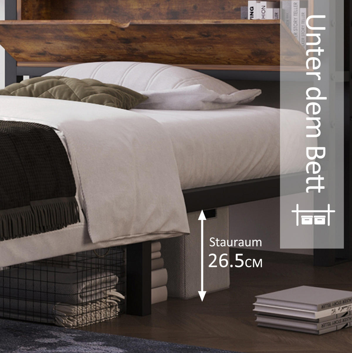JUGENDBETT 90/200 cm aus Metall und Holzwerkstoff mit Stauraum-Kopfteil Natur/Schwarz - Naturfarben, Metall (90/200cm) - Modenvie