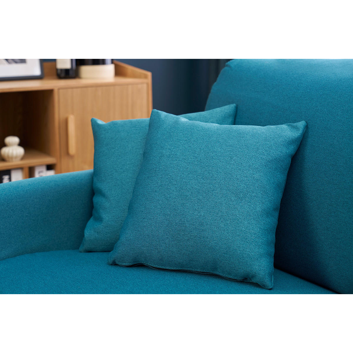 SCHLAFSOFA Skandinavisch Entenblau Helles Holz Matratze 18 cm 3-Sitzer SKANDY - Blau, Textil (99/92/176cm) - Miliboo
