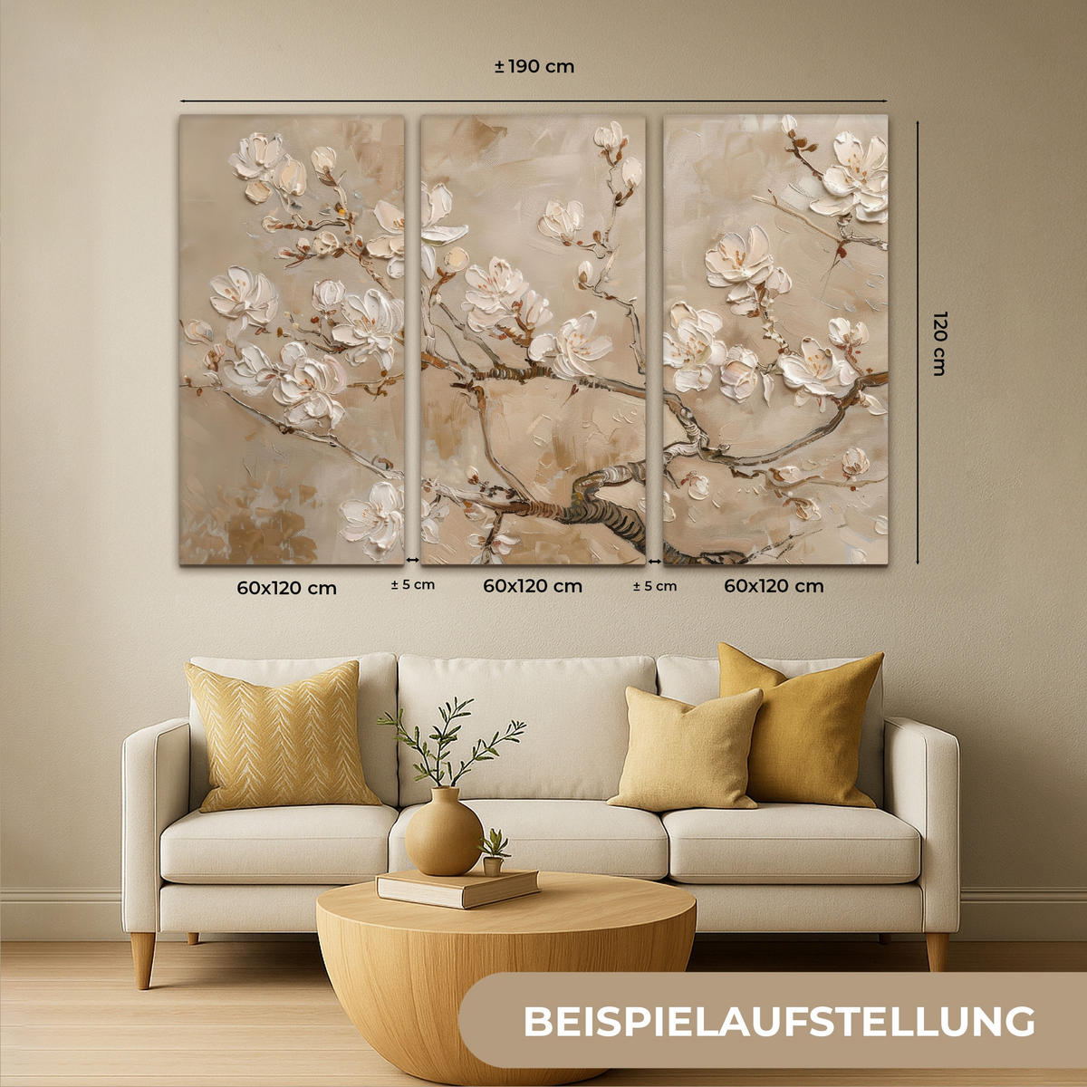 OBRAZ NA PLÁTNĚ 3dílná sada Béžová - Blossom - Moderní 180x120 cm - béžová, textil (180/120cm) - MuchoWow