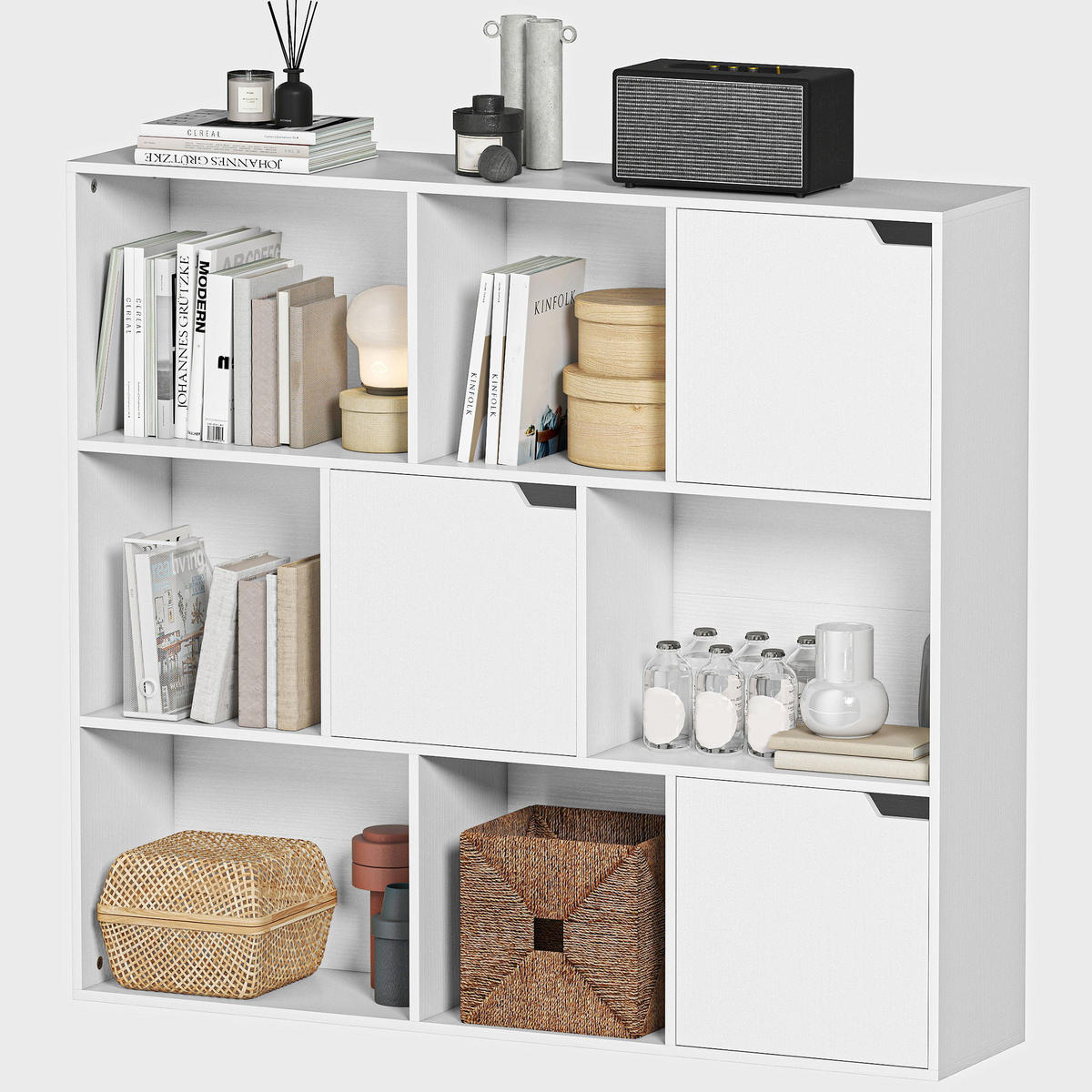 BÜCHERREGAL DE-09377 9 Würfel mit 3 Türen Weiß - Weiß, Holzwerkstoff (24/95/106cm) - ComfortXL