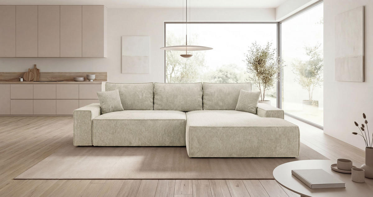 ECKSOFA VERONA rechts weiß Cord Poso 100 - Schlaffunktion, Bettkasten - Weiß, Textil (280/184cm) - Cornero