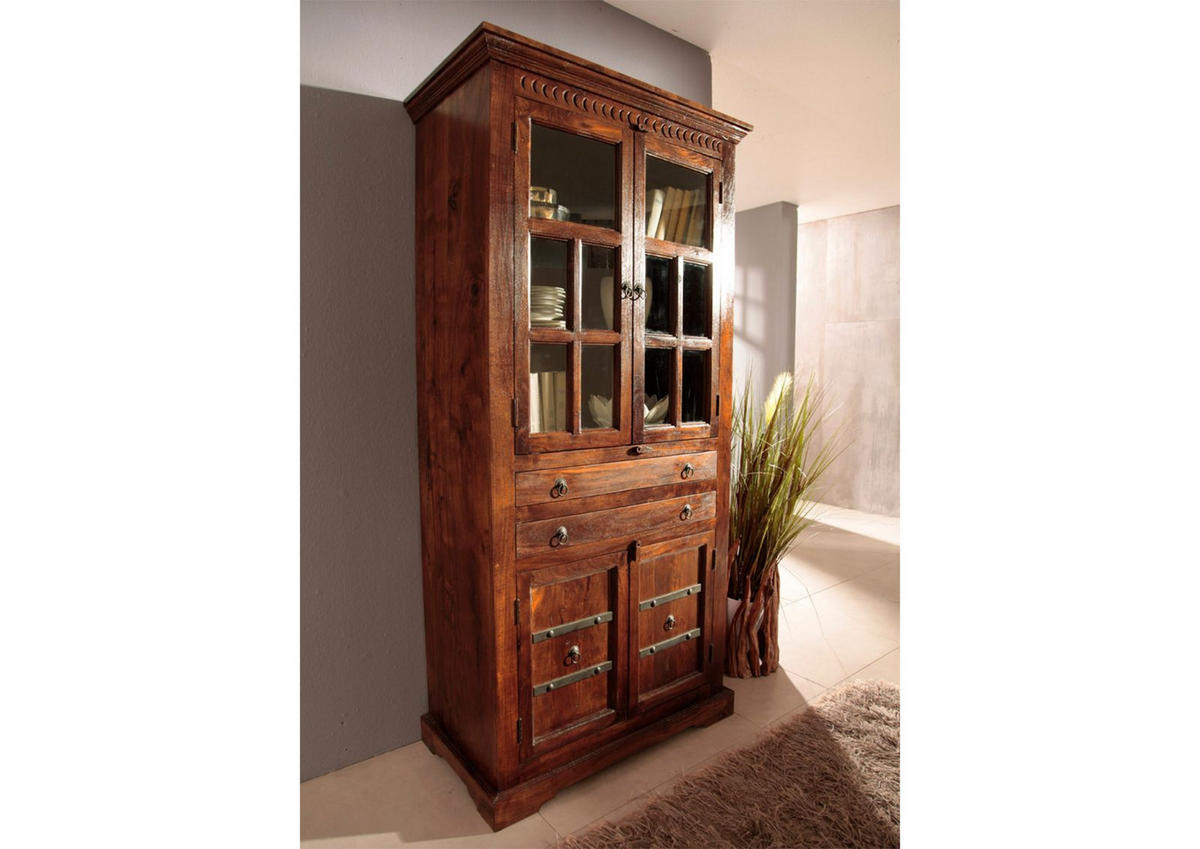 VITRINE Akazie 94x50x195 nougat lackiert OXFORD #452 - Dunkelbraun, Holz (94/195/50cm) - Massivmoebel24