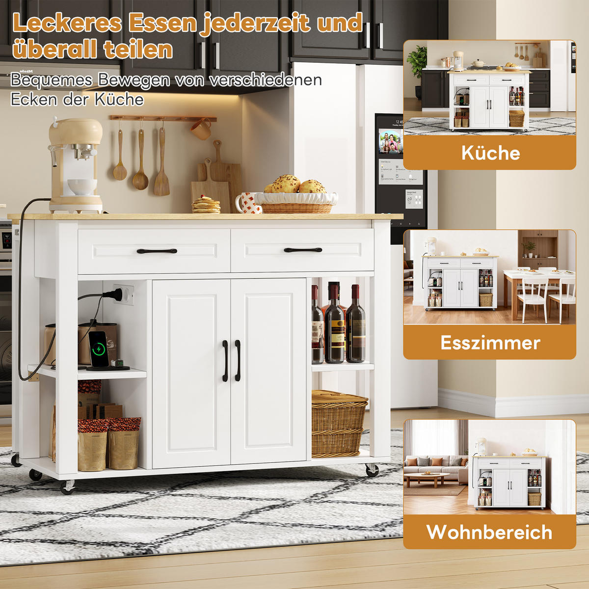KÜCHENINSEL 120x77x93cm Weiß MDF/Laminat mit Steckdose & Schubladen - Weiß, Holzwerkstoff (120/93/77cm) - Modfu