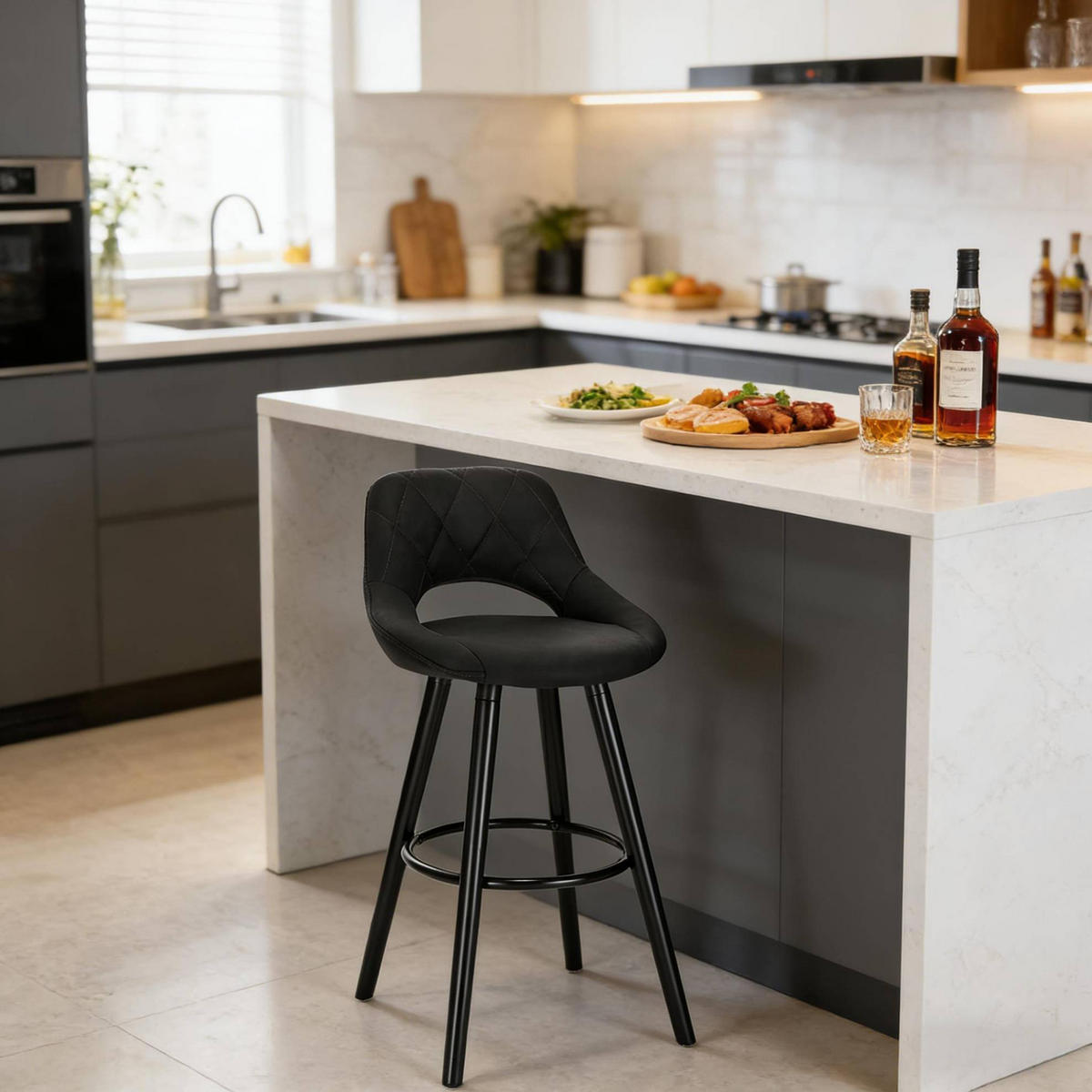 BARHOCKER mit Rückenlehne 68 cm Sitzhöhe Gewebe Anthrazit - Braun, Holz (40/70/43cm) - Meubliv