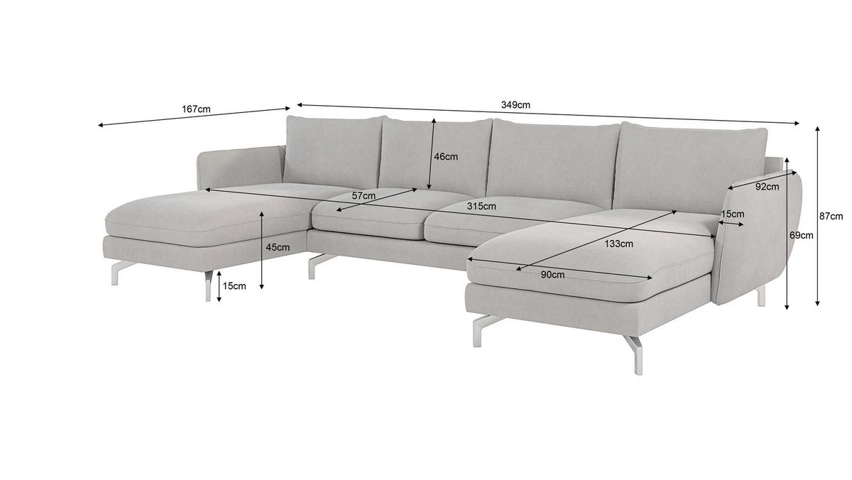 WOHNLANDSCHAFT Elou Silber Luxusmicrofaser - Chromfarben/Silberfarben, Textil/Metall (349/87/167cm) - S-Style Möbel