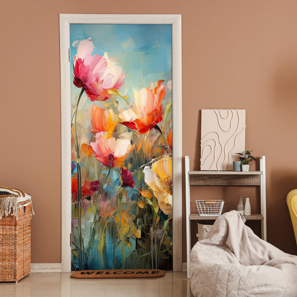 TÜRAUFKLEBER Selbstklebend - Blumen - Aquarell - Kunst - Botanisch - Natur 95x215 cm - Türtapete - Orange, Kunststoff (95/0.1cm) - MuchoWow