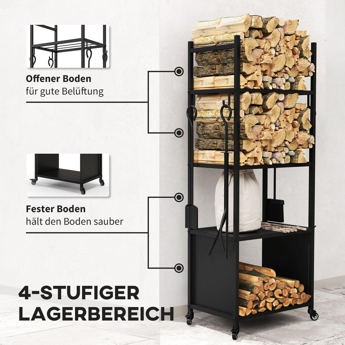 KAMINHOLZREGAL DE-10176 4 Ebenen mit Rädern und 4 Werkzeugen Schwarz - Schwarz, Metall (30/118/45cm) - ComfortXL