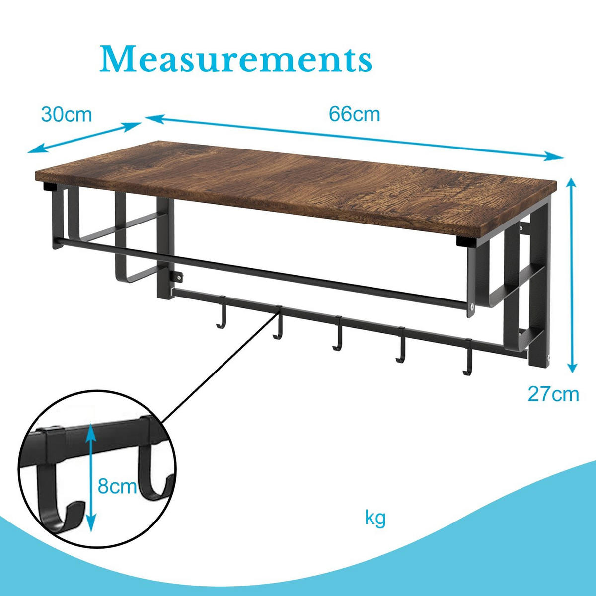 WANDGARDEROBE mit abnehmbaren Haken 60/30/27 cm - Braun, Metall (30/27/60cm) - Intirilife