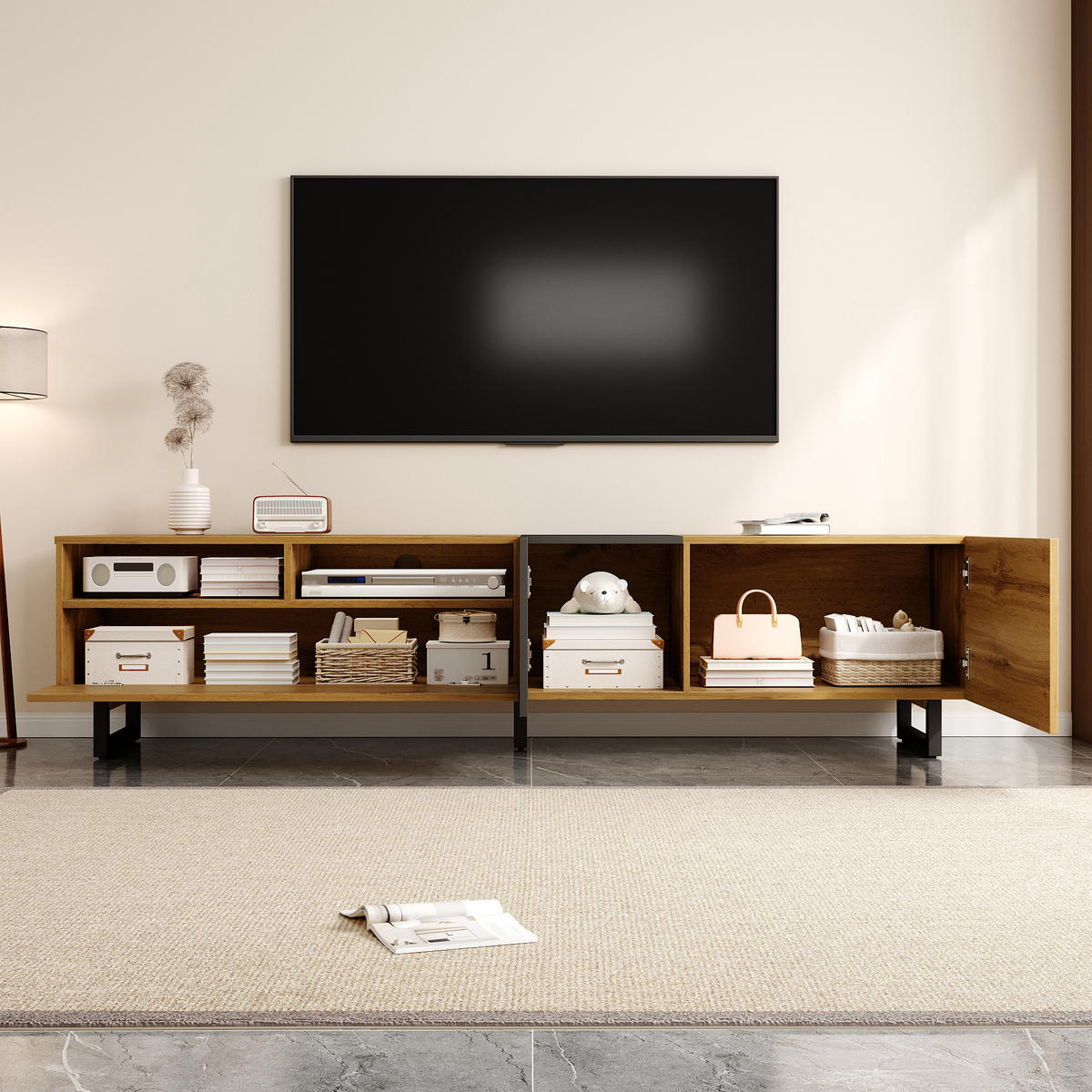 TV-ELEMENT170X36,5X42CM Colorblock-Design 3-Türen Retro-Holzmaserung - Naturfarben, Holz (45.72/21.72/98.43cm) - Raelunyi