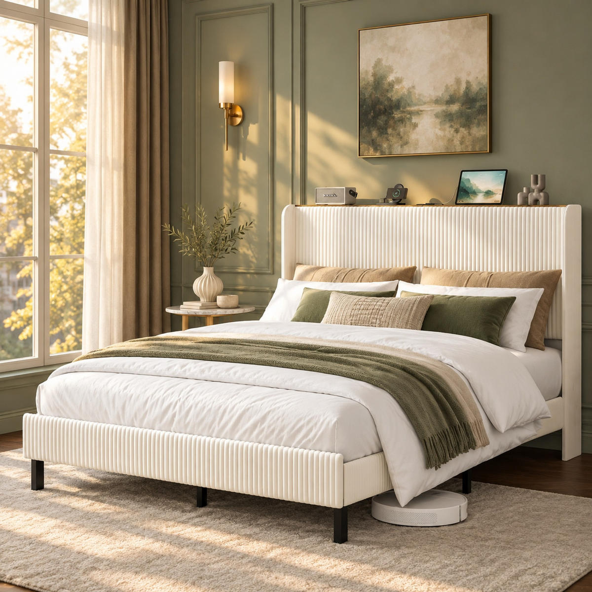 POLSTERBETT 160/200 mit Metalllatten und Flügel-Kopfteil in Grau - Beige, Textil/Metall (160/200cm) - EVRYAE