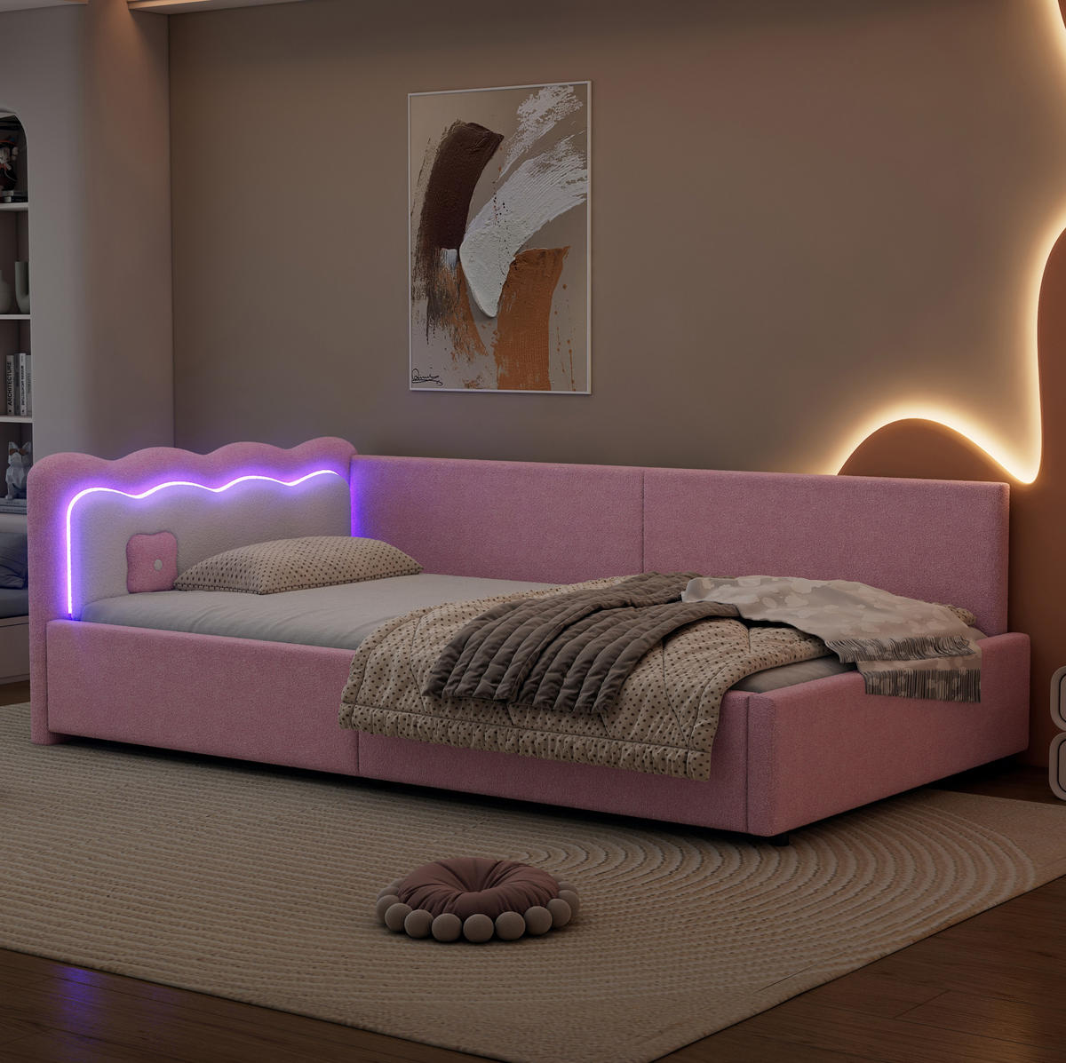 POLSTERBETT aus Samtimitat und MDF 90x200 cm in Rosa mit LED-Beleuchtung - Rosa, Textil (90/200cm) - Modfu