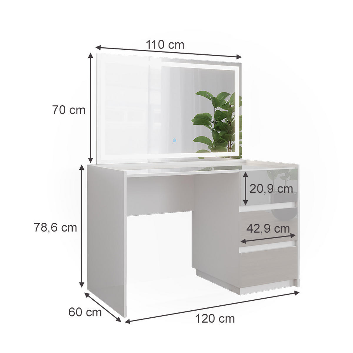 SCHMINKTISCH Marla Weiß Hochglanz 120 cm mit LED-Spiegel - Weiß Hochglanz, Holzwerkstoff (120/78.6/60cm) - Vicco