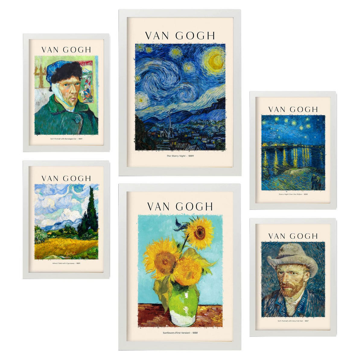 POSTER Set Mit 6 Van Gogh Malergalerie A3 & A4 Weißer Rahmen - Weiß, Papier (29/3cm) - Nacnic