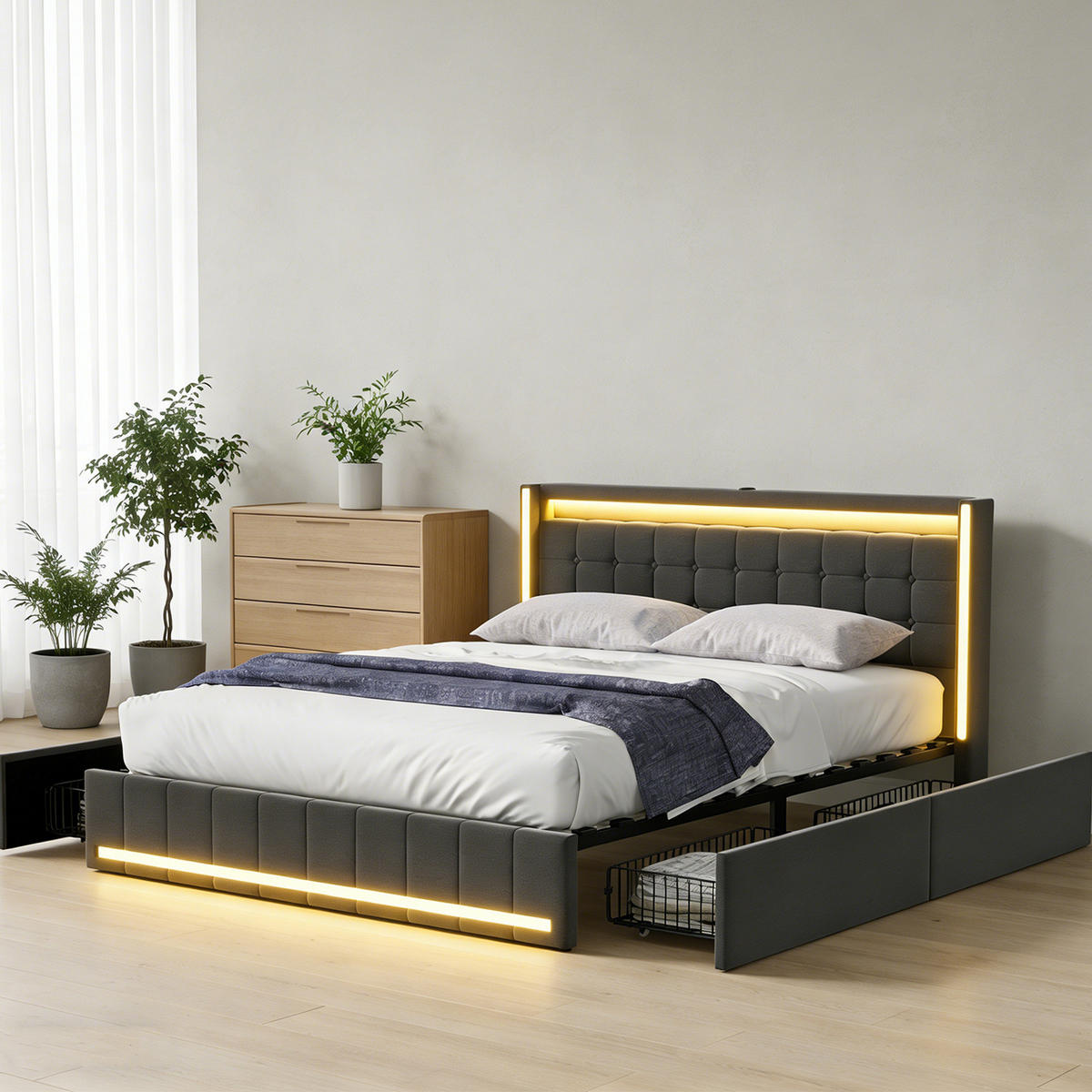 POLSTERBETT 160x200 cm mit 4 Schublade, Doppelbett 160x200 cm mit LED und USB, Lattenrost, Bett 160x200, Dunkelgrau Leinenstoff - Dunkelgrau, Holzwerkstoff/Textil (160/200cm) - GENKI LIVING