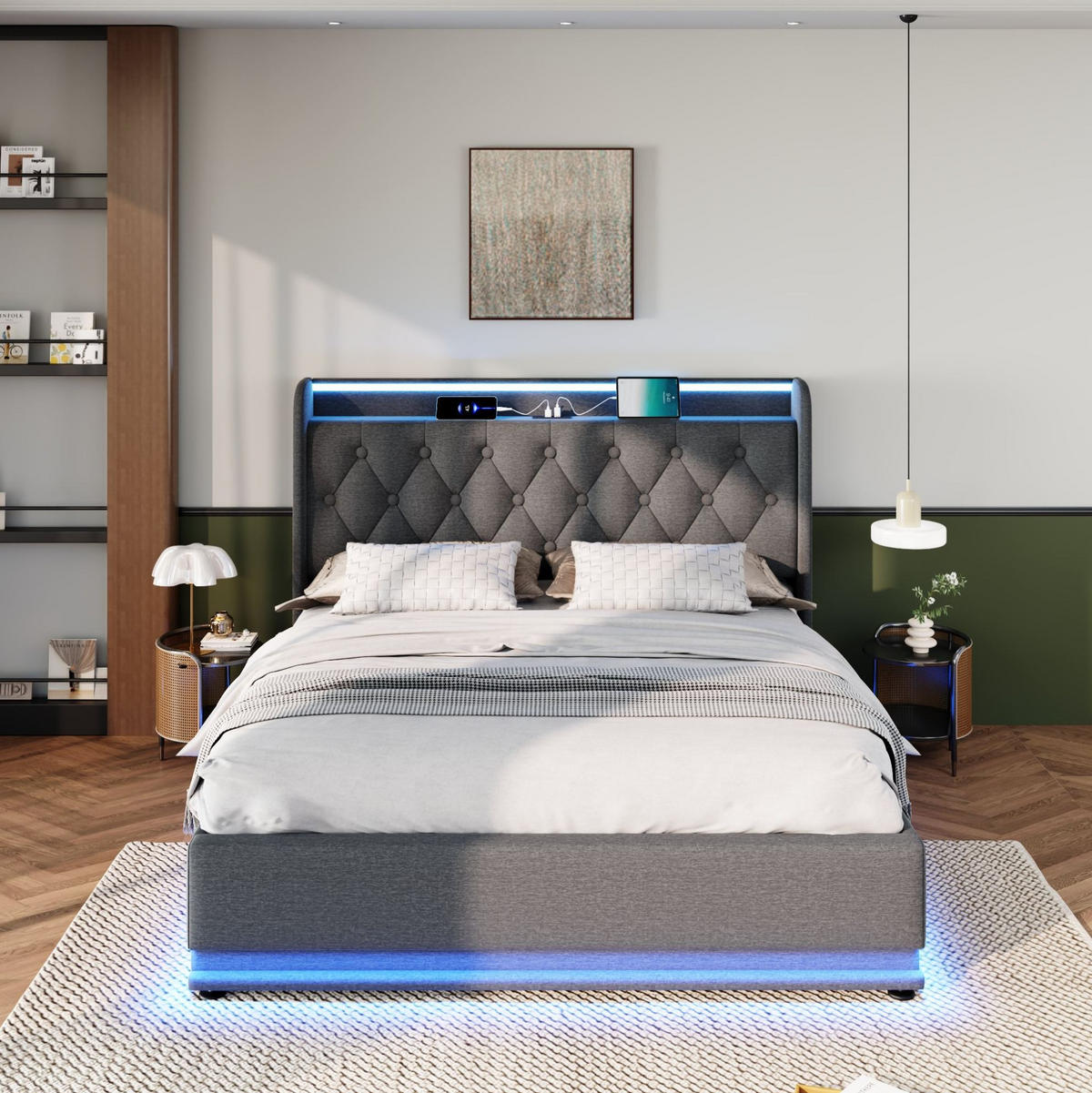 POLSTERBETT 140/200 cm Grau aus Leinen mit Stauraum LED-Beleuchtung und Matratze - Grau, Textil (140/200cm) - OKWISH