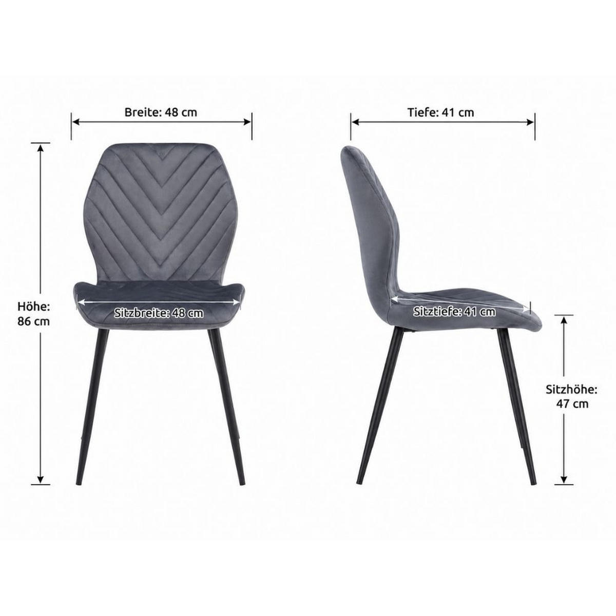 STÜHLE Esszimmerstuhl, gepolstert mit Steppung, schwarze Metallbeine, 1 Stück, Grau - Schwarz/Grau, Metall (48/86/41cm) - AN Furniture Store