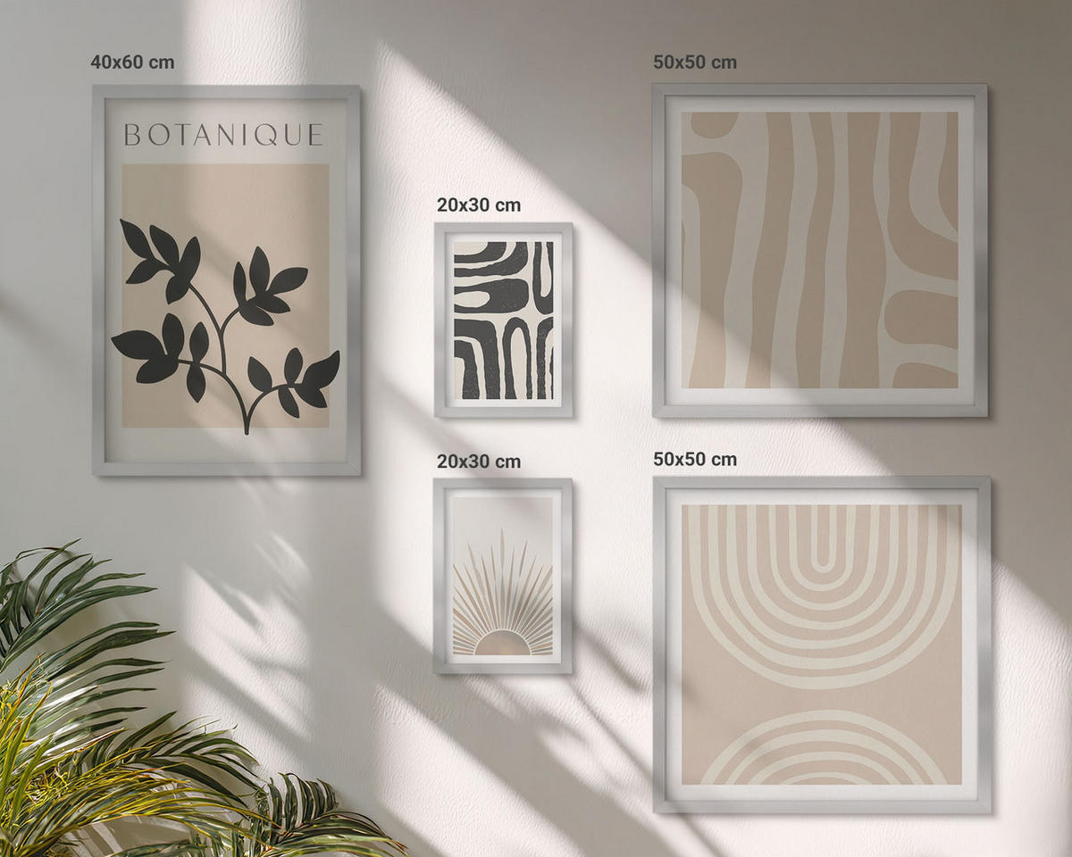 BILDER SET 5er Set - 50x50 cm & 20x30 cm & 40x60 cm Silberner Rahmen - Abstrakte Pflanzenmuster - Silberfarben, Kunststoff (40/60cm) - TULUP