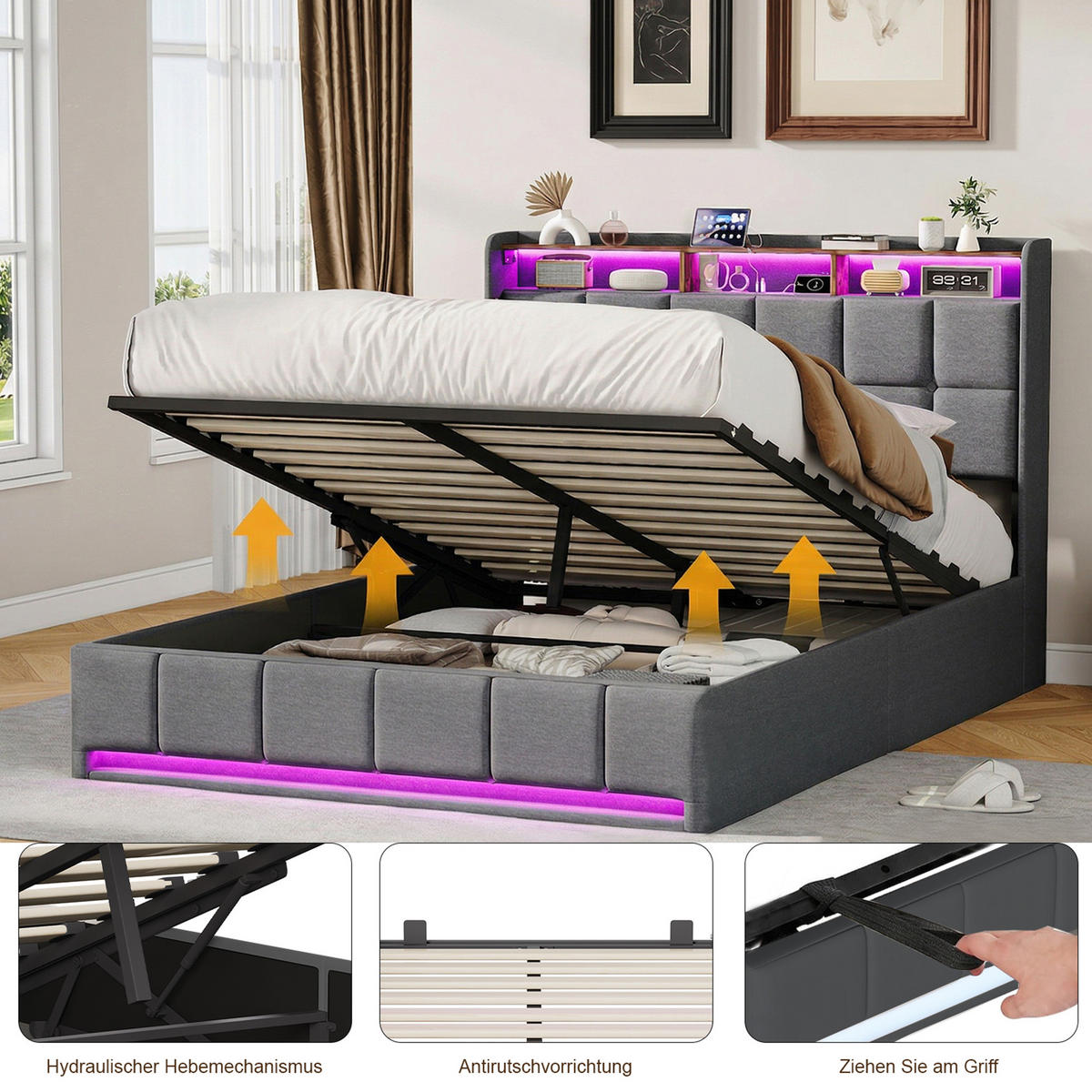 POLSTERBETT 160x200 cm Grau mit LED Beleuchtung, Kopfteil mit Stauraum und USB/Type-C, hydraulisches Stauraumbett - Grau, Metall (160/200cm) - EuroLiving
