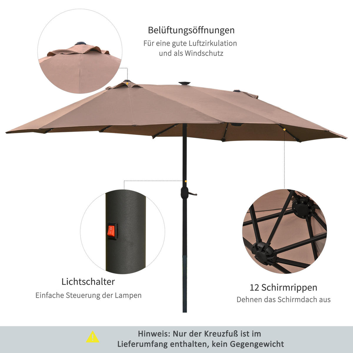 SONNENSCHIRM, Metall, Polyester, Khaki - Braun, Metall (440/260cm) - Outsunny