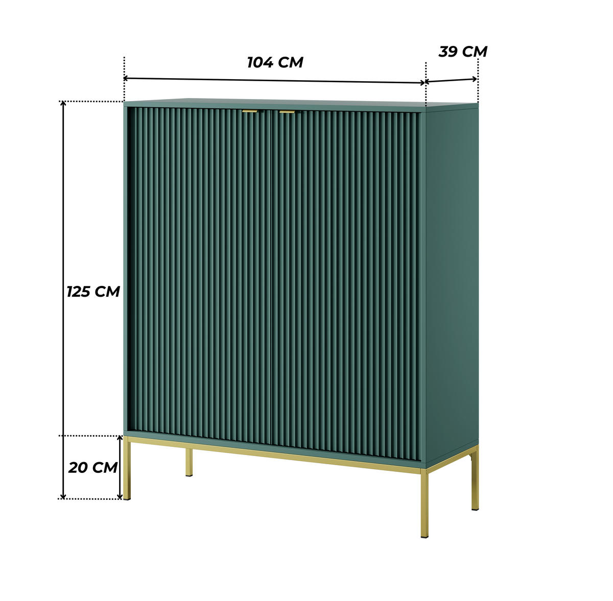 GRÜNE Moderne Geriffelte Hochkommode KIOTO KW2D (Gold Gestell, Soft-Close Türen) - Goldfarben/Grün, Holz/Holzwerkstoff (104/125/39cm) - Ravio