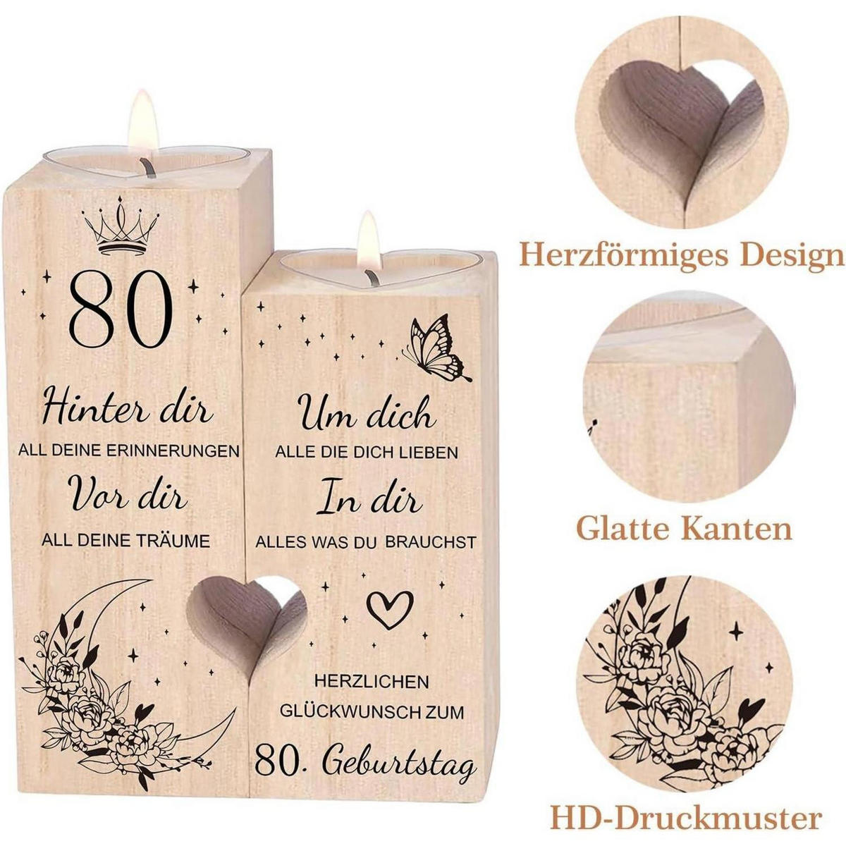 KERZENSTÄNDER 80. Geburtstag Holz Herzförmig - Braun, Holz (5/13/10cm)