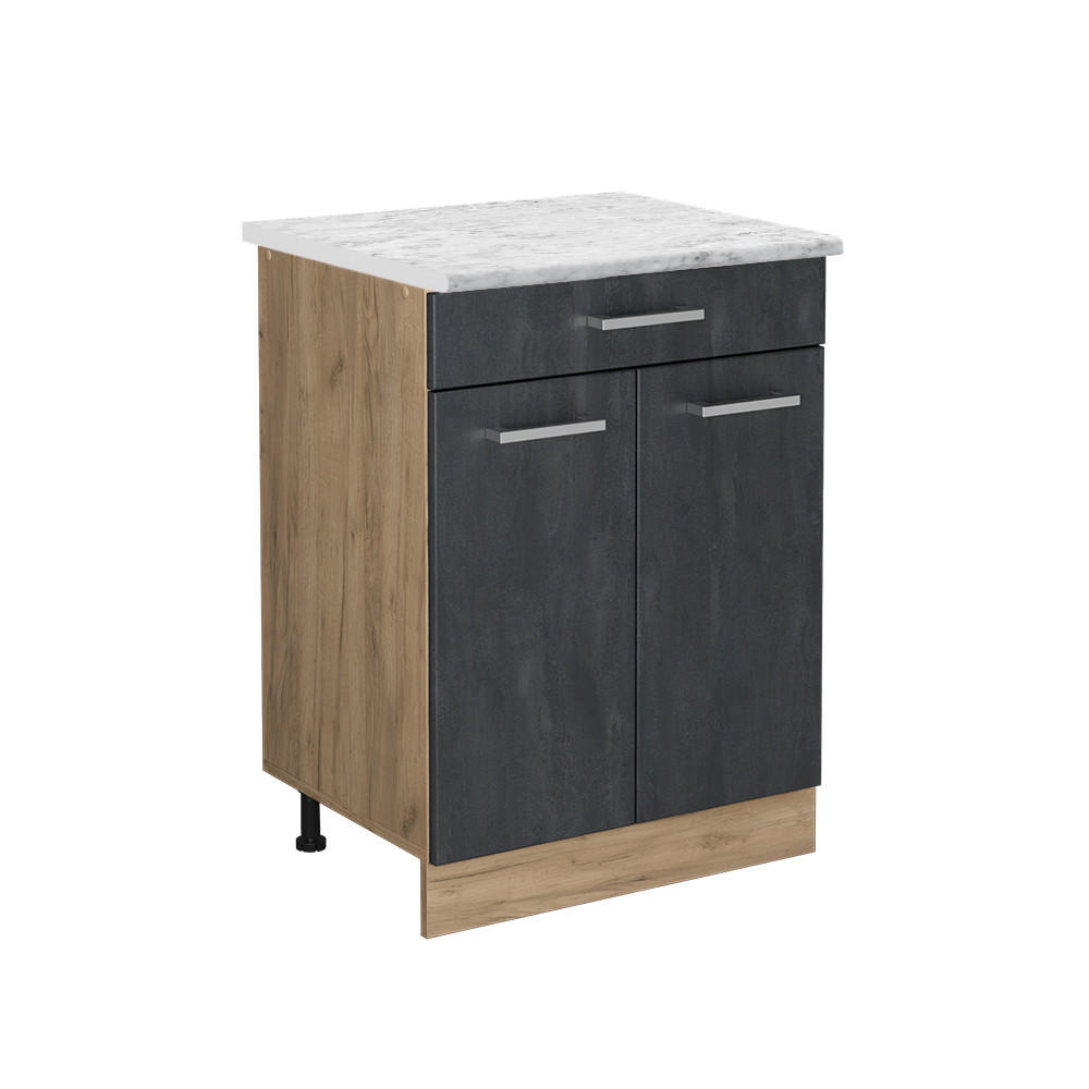 KÜCHENUNTERSCHRANK R-Line Schwarz Beton 60 cm AP Marmor - Eiche Wotan/Schwarz, Holzwerkstoff (60/81.6/60cm) - Vicco