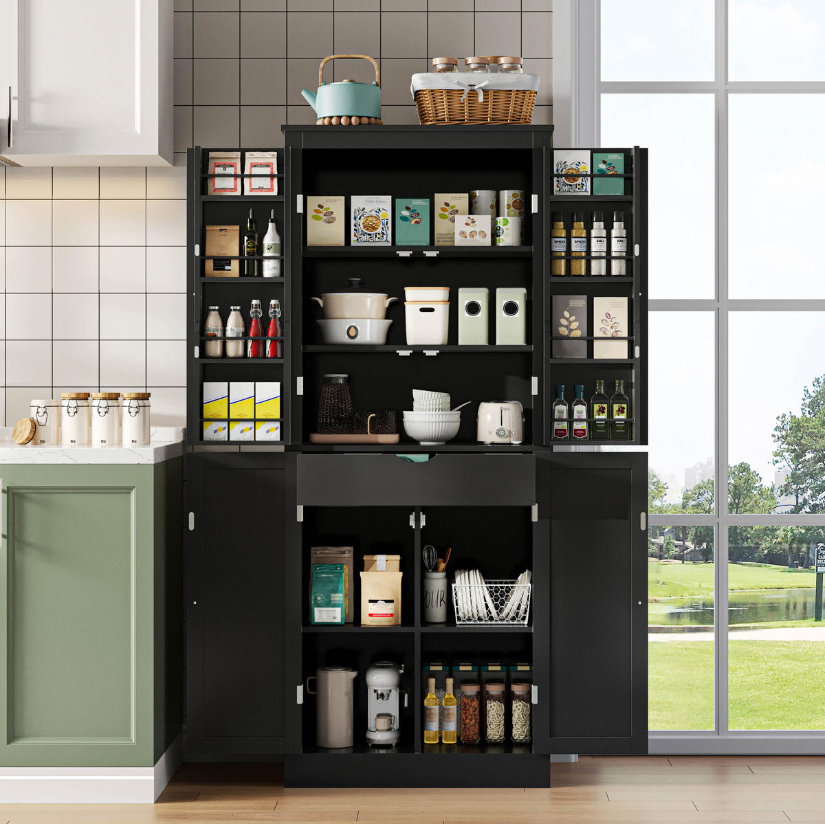 ANRICHTE Küchenschrank 75/40/182 cm aus MDF mit vielseitigem Stauraum Schwarz - Schwarz, Holzwerkstoff (75/180/40cm) - Modenvie