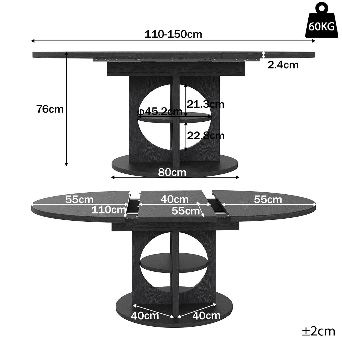 ESSTISCH Ausziehbar 110-150Cm Rund Oval Stauraum Schwarz - Schwarz, Holzwerkstoff (110/110/76cm) - FLIEKS