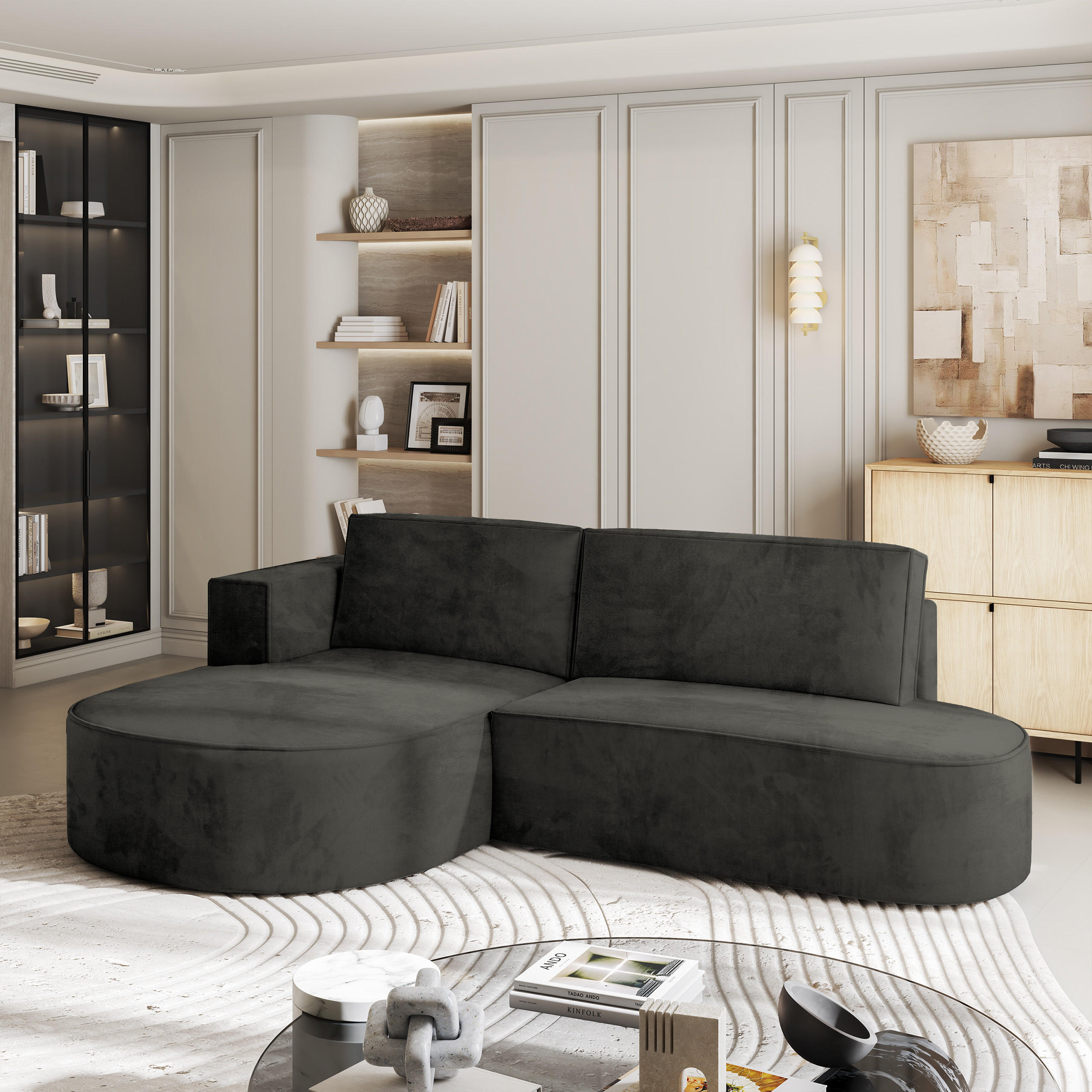 ECKSOFA CORTIO M L-S Schwarz Velours-Stoff mit Schlaffunktion - Schwarz, Holz (265/174cm) - MASSENO