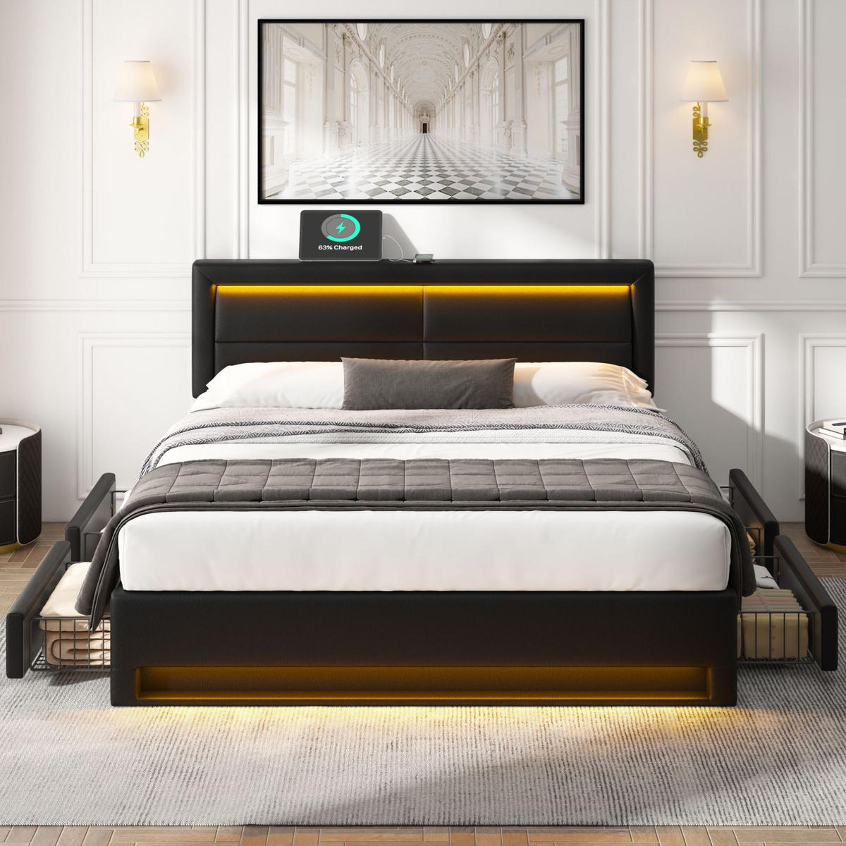 POLSTERBETT 140/190 cm aus PU mit LED USB-Ladefunktion und 4 Schubladen Schwarz - Schwarz, Kunststoff (140/190cm) - Modenvie