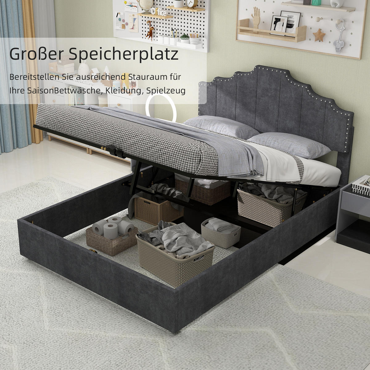POLSTERBETT 160/200 cm in Grau Stoff mit geometrischem Kopfteil - Grau, Holzwerkstoff/Textil (160/200cm) - WISHDOR