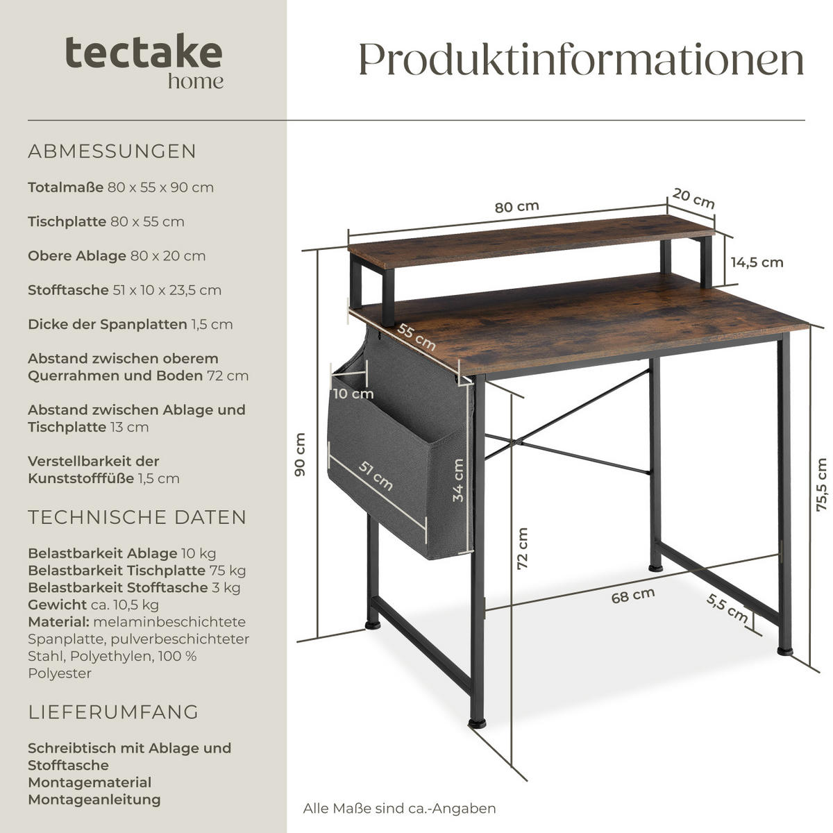 SCHREIBTISCH Everett, 80 x 55 x 90 cm, Industrial Holz dunkel, rustikal - Rostfarben, Holzwerkstoff (55/80/90cm) - tectake
