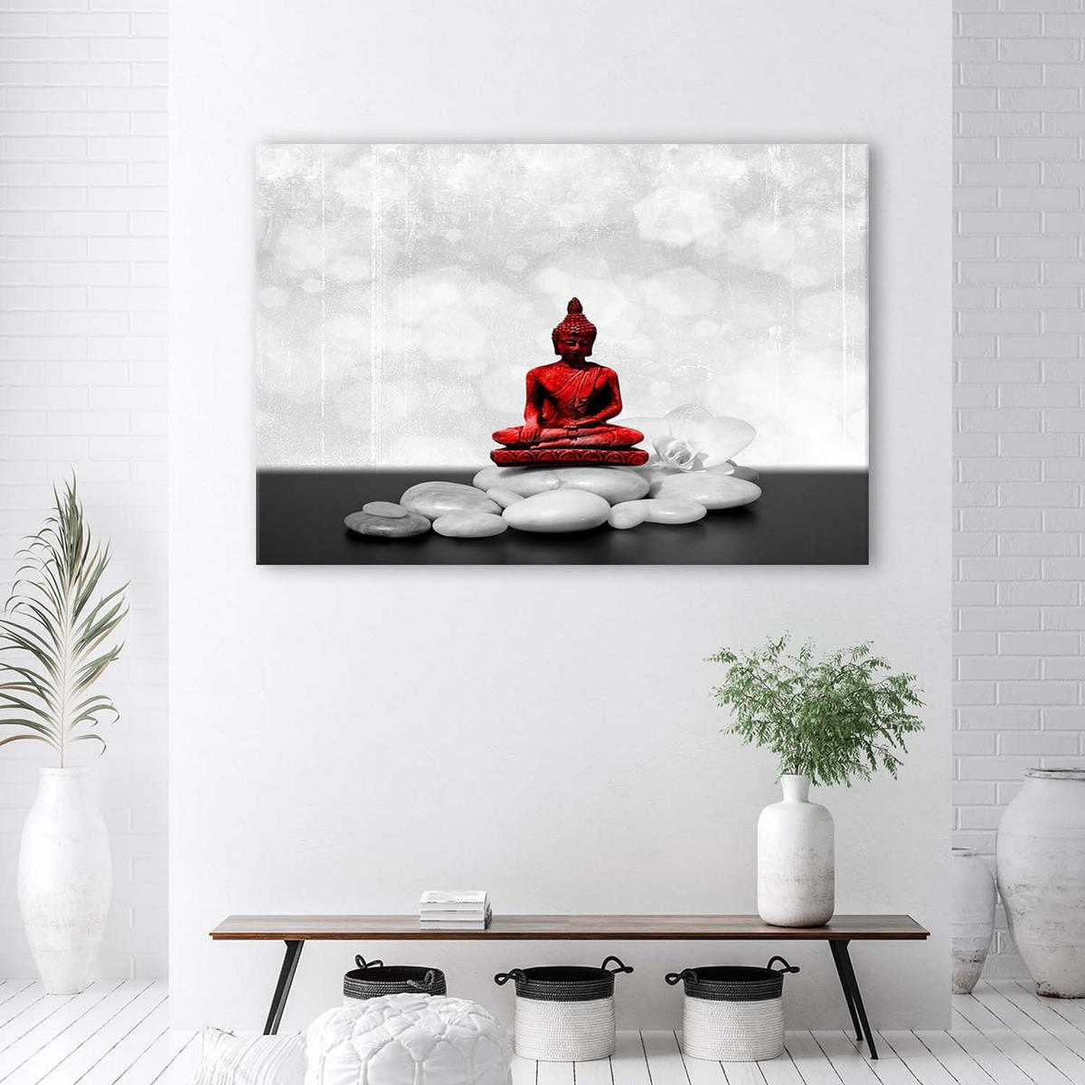 LEINWANDBILD Roter Buddha auf Steinen - Rot, Textil (60/40cm) - Feeby